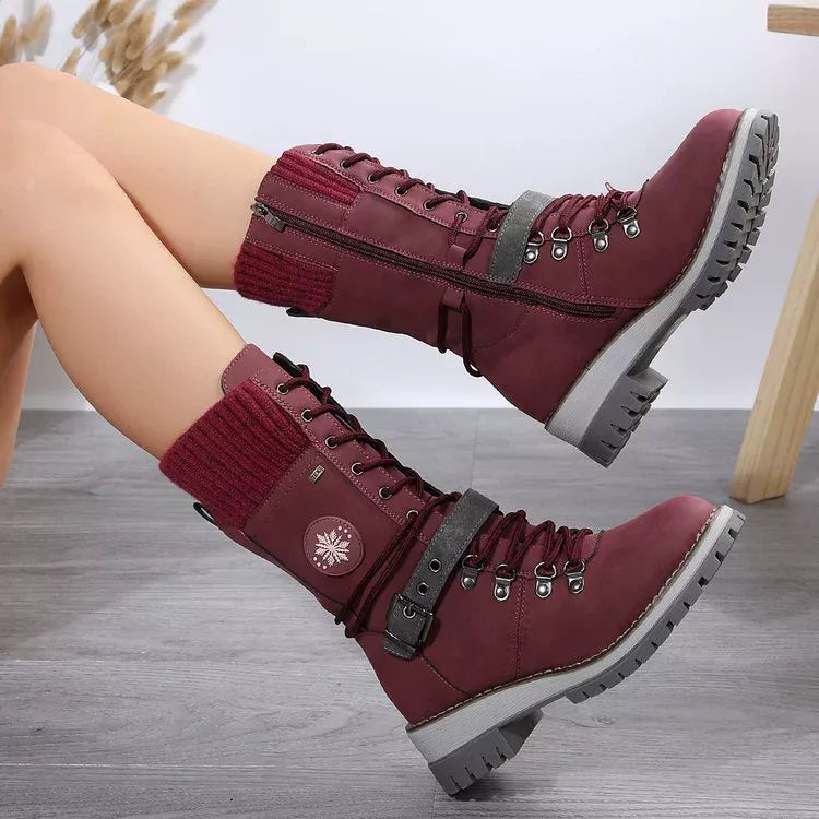 Women's Grey Lace Up Winter Boots with Knit Cuff and Buckle Detail