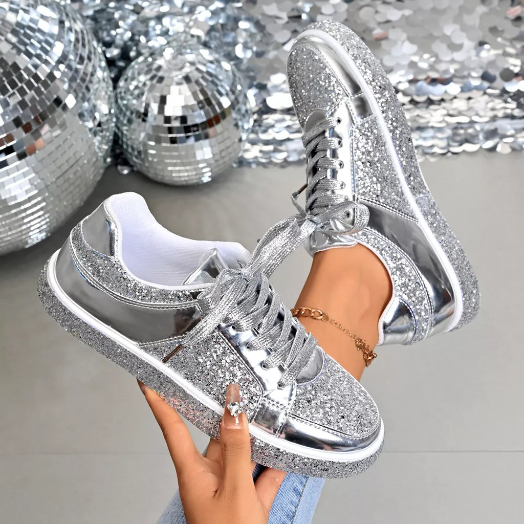 Women's Sequin Lace Up Sneakers - Gold, Silver & Champagne