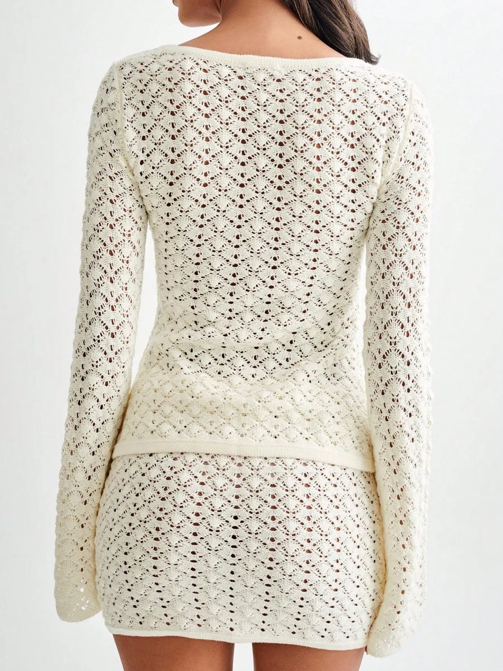 Button Up Crochet Cardigan and Skirt Sweater Set