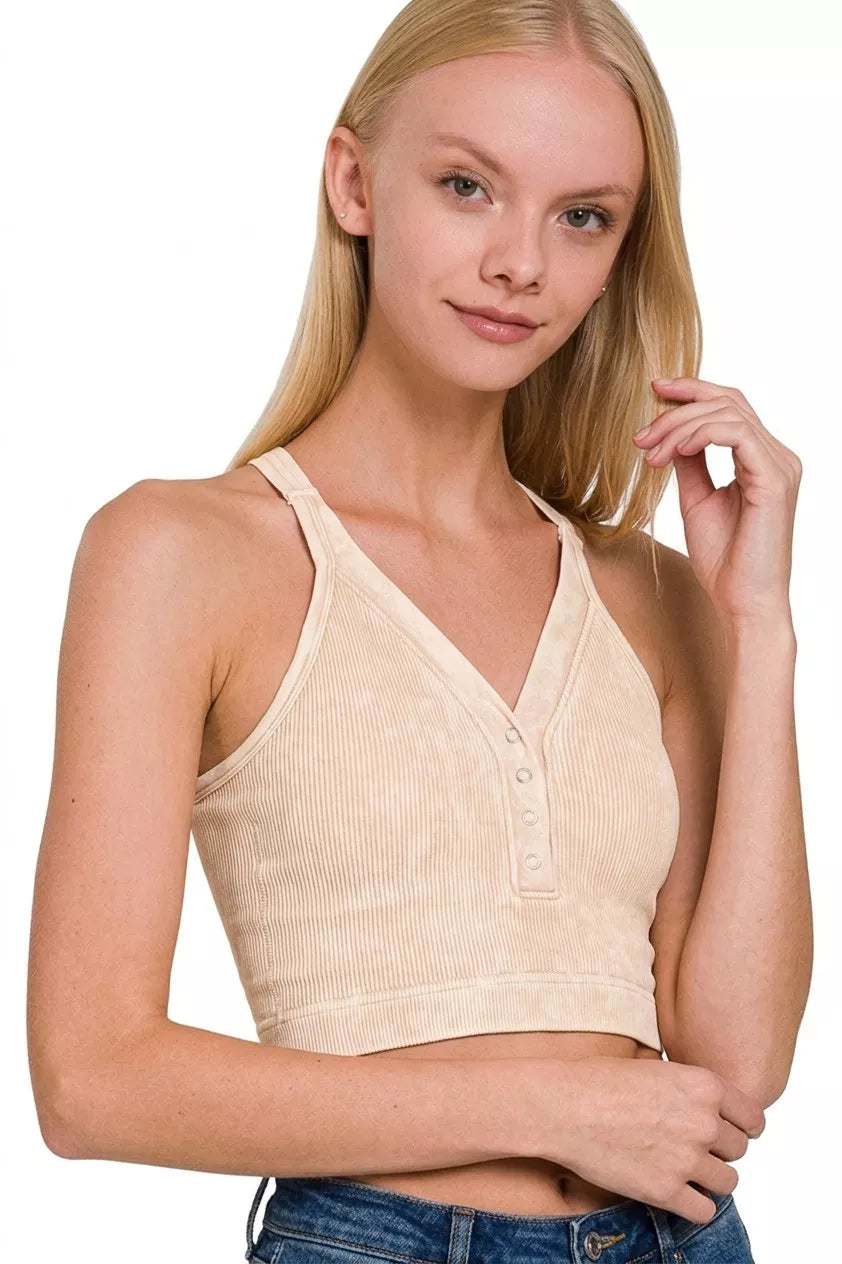Sand Beige Washed Ribbed Seamless V-Neck Button Tank Top