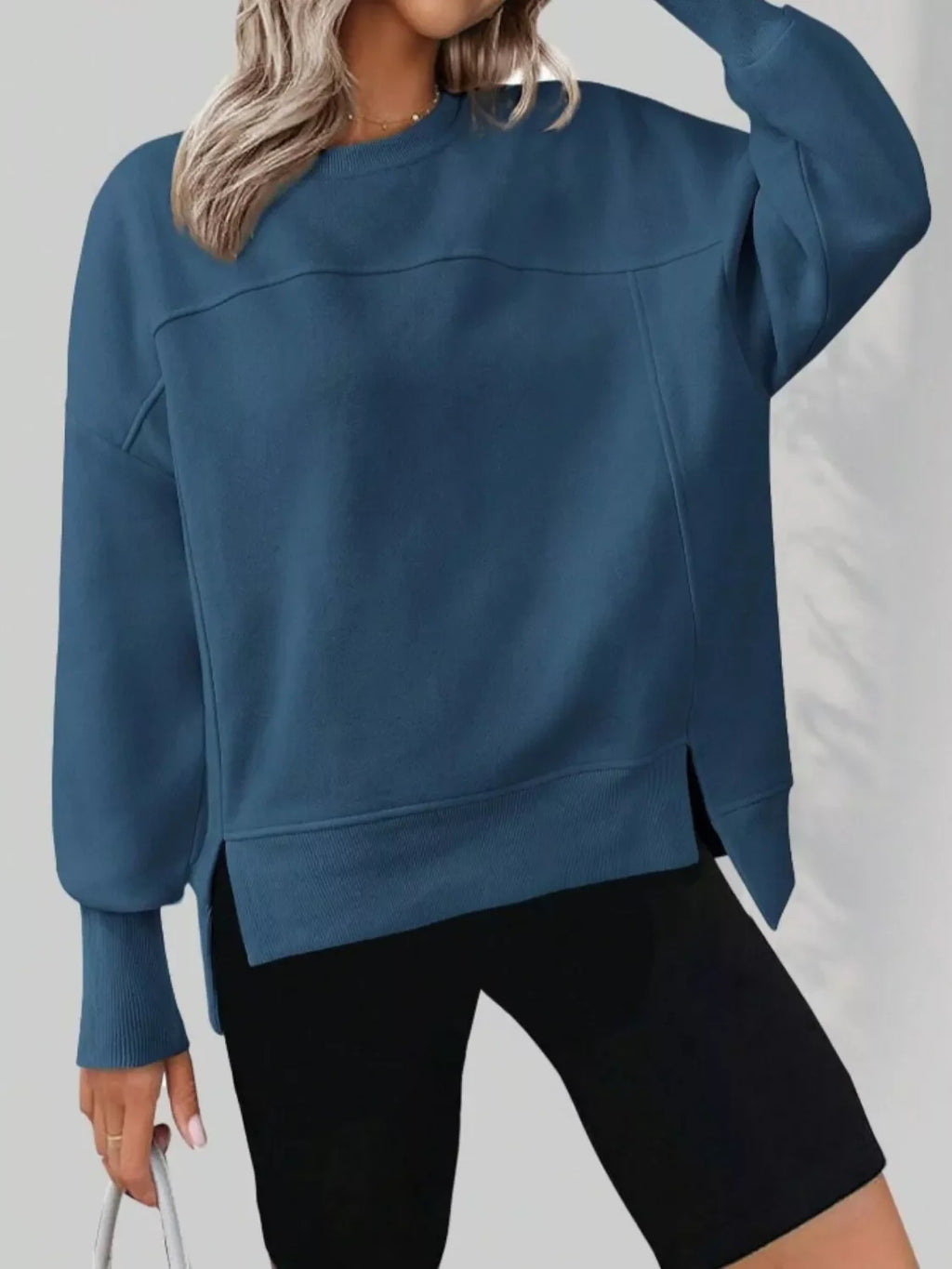 Women's Blue Side Slit Pullover Sweatshirt Long Sleeve Top