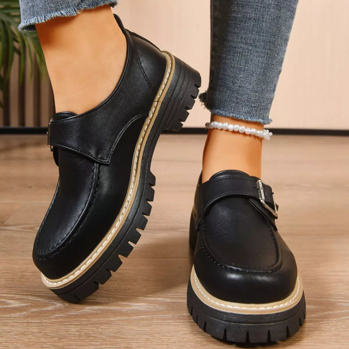 Women's Burgundy Round Toe Buckle Loafers Mid Heel Casual Shoes