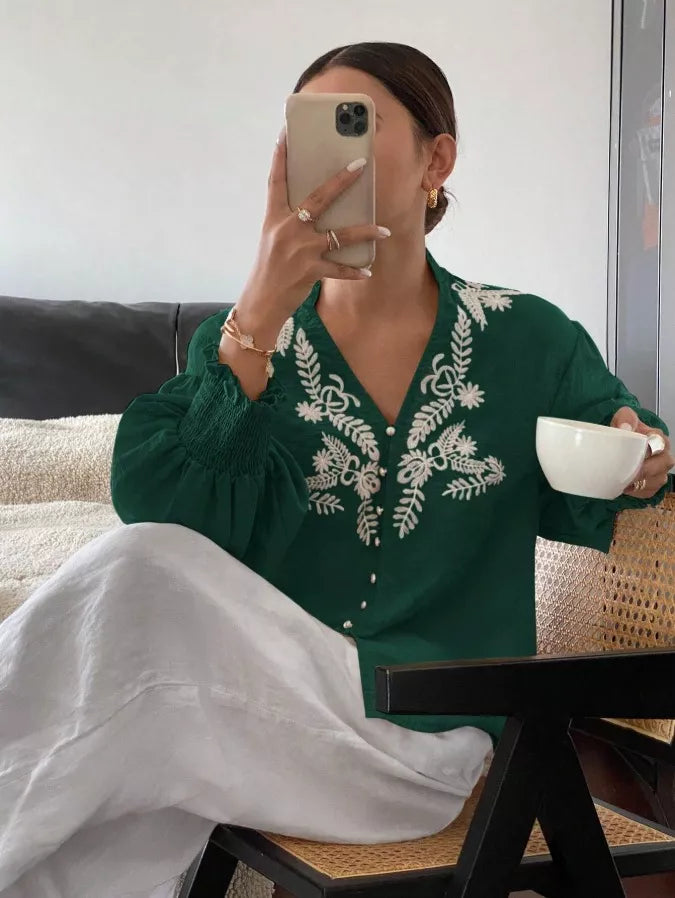 Women's Embroidered White Long Sleeve Notched Collar Blouse