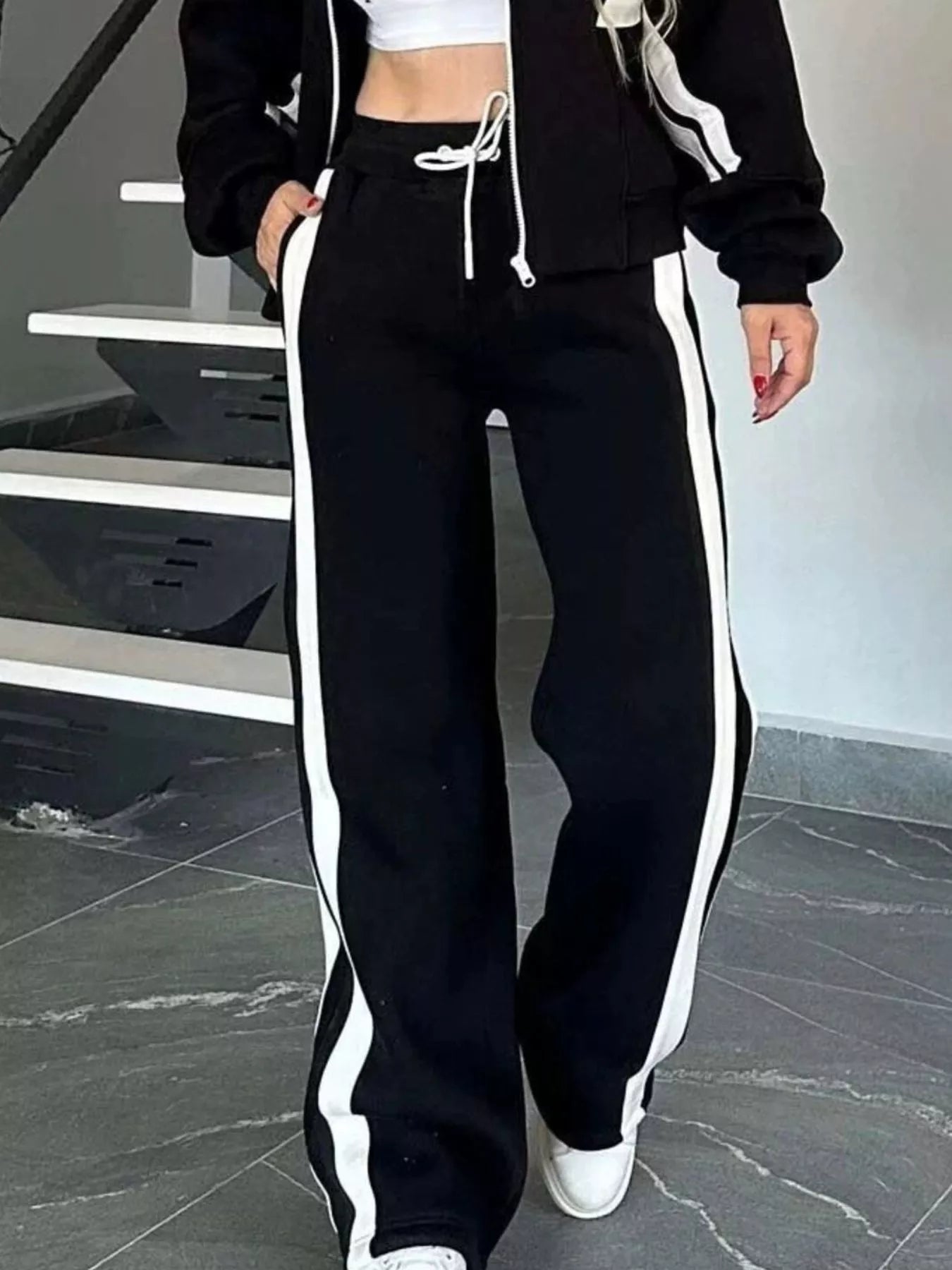Women White Red Striped Zip Up Track Jacket and Pants Set