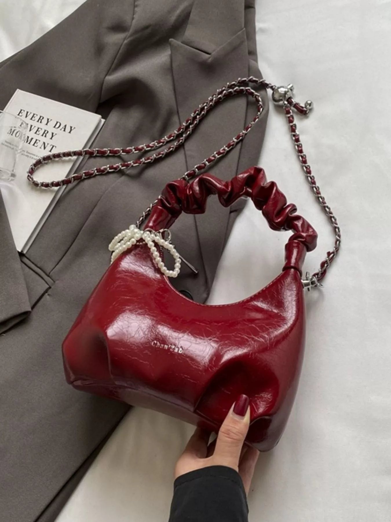 Silver Mini Ruched Handle Crossbody Bag with Pearl Bow Charm