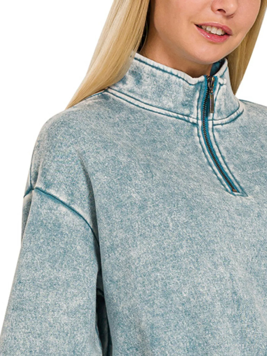 Zenana Acid Wash Fleece Half Zip Sweatshirt | Cropped