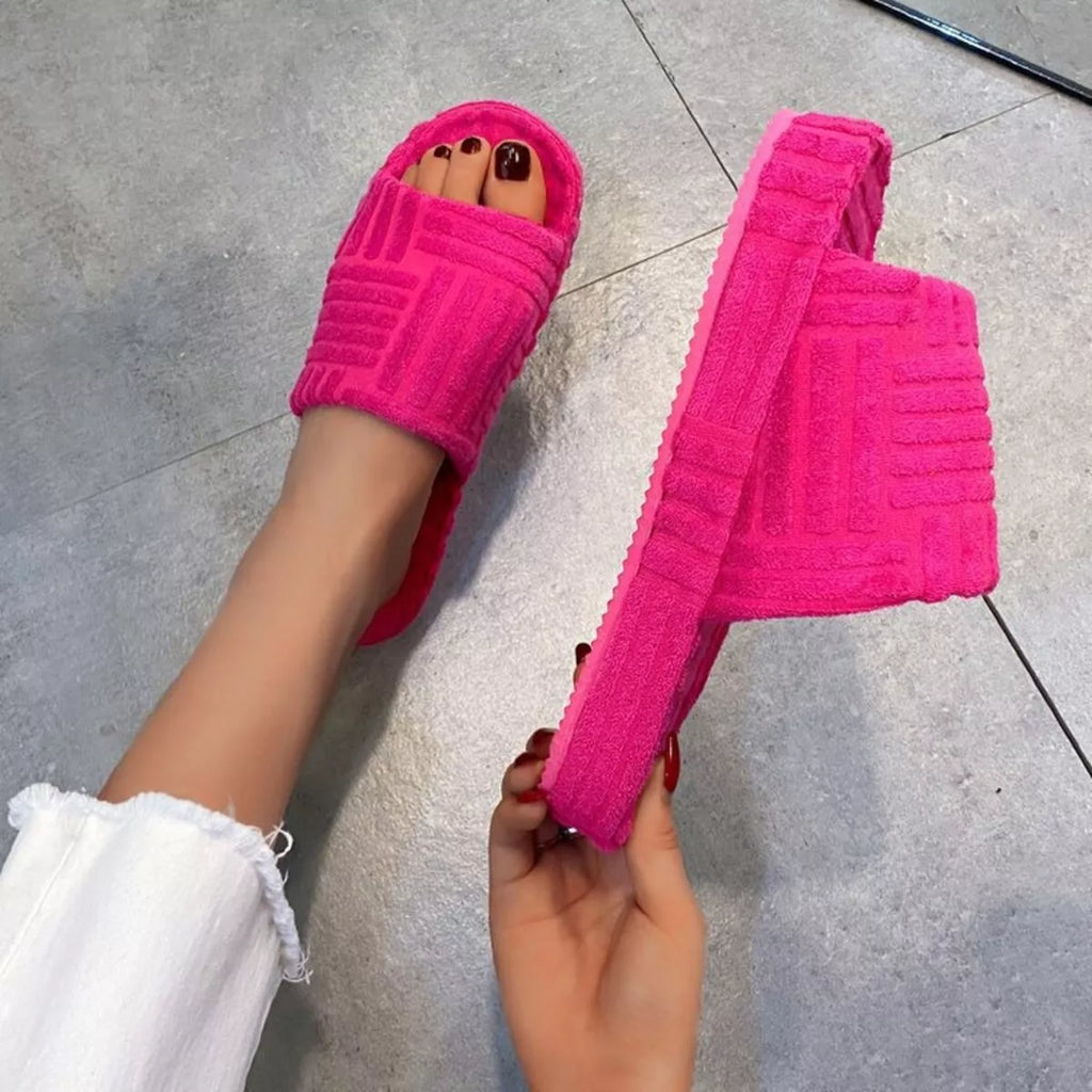White Open Toe Platform Slippers Textured Slide Sandals