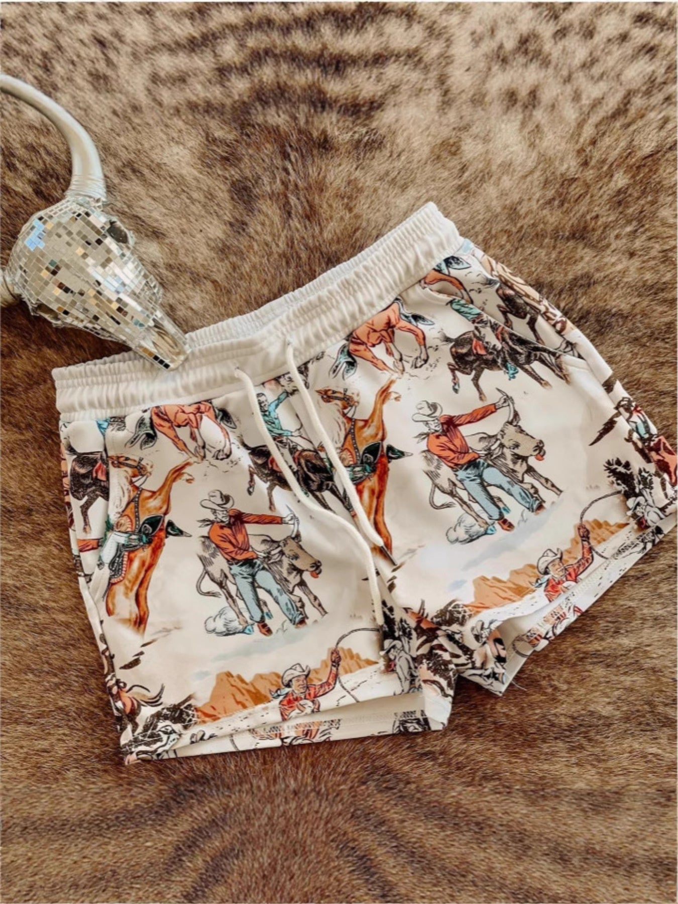 Wild West Rodeo Print Drawstring Shorts in Cream