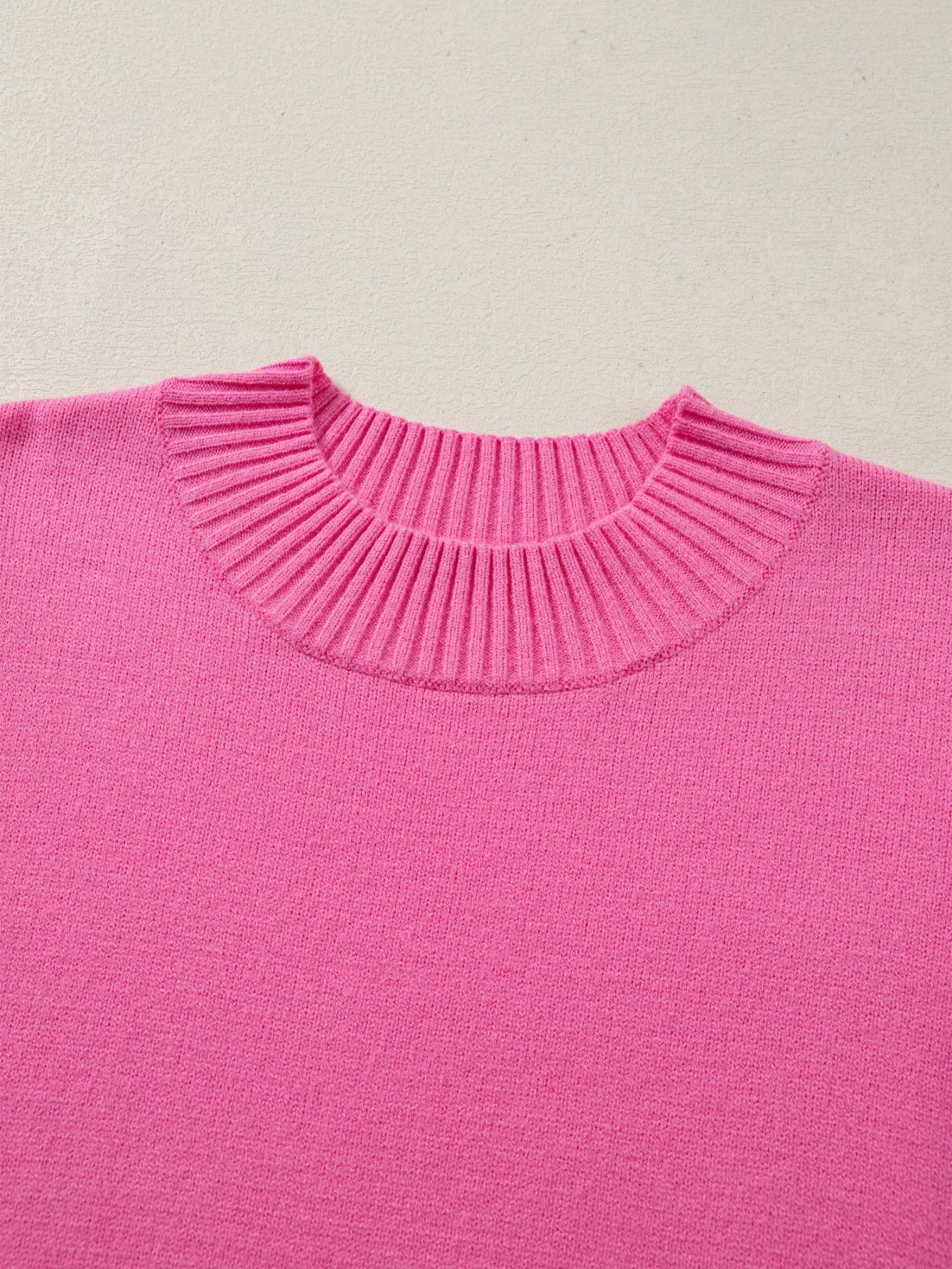 Hot Pink Ruffle Sleeve Round Neck Knit Sweater
