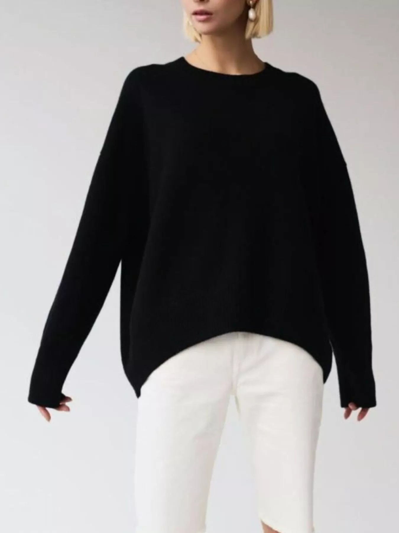 Women's Royal Blue Round Neck Ribbed Hem Long Sleeve Sweater