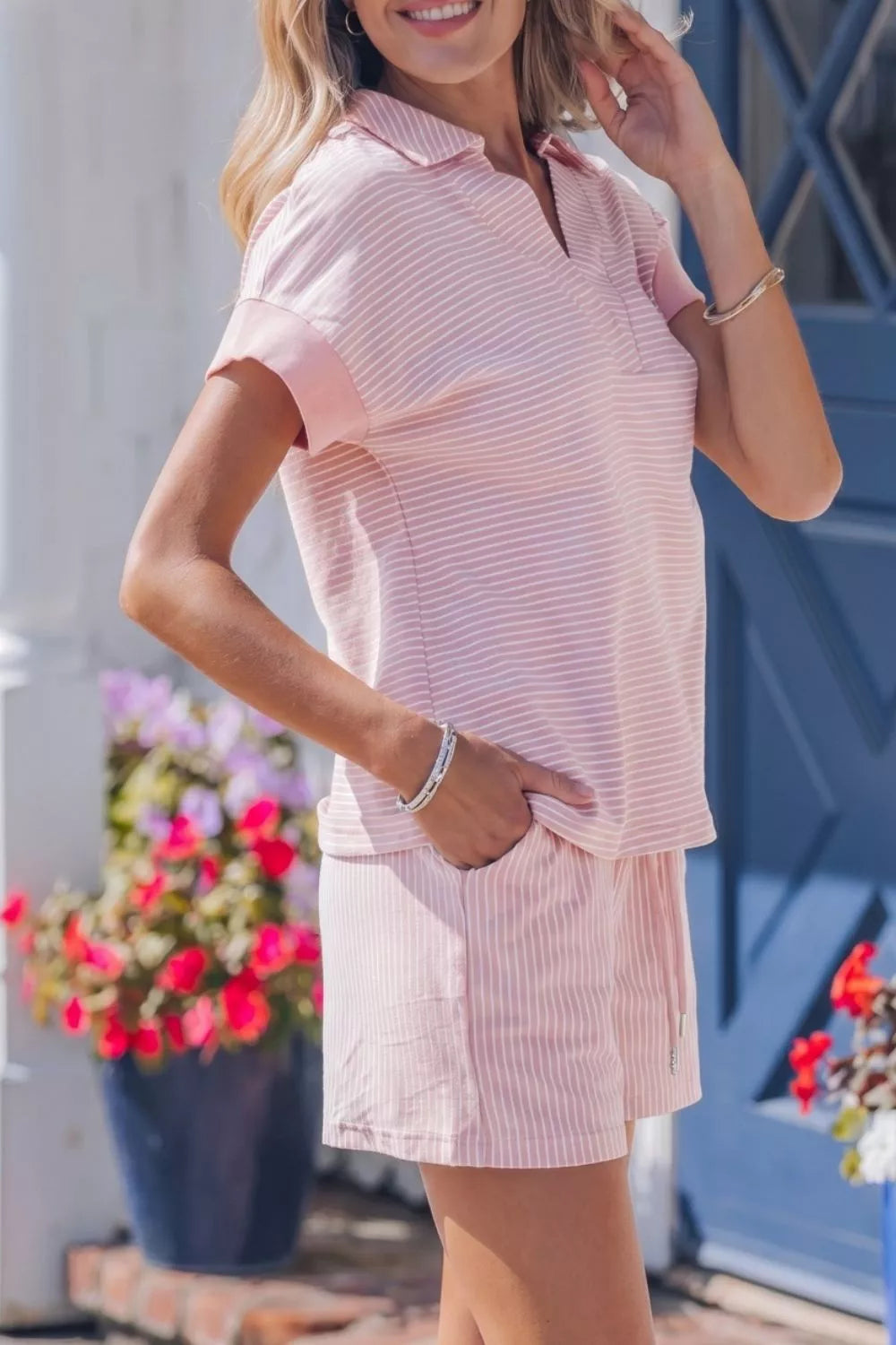 Striped Dolman Sleeve Polo Shirt and Drawstring Shorts Set