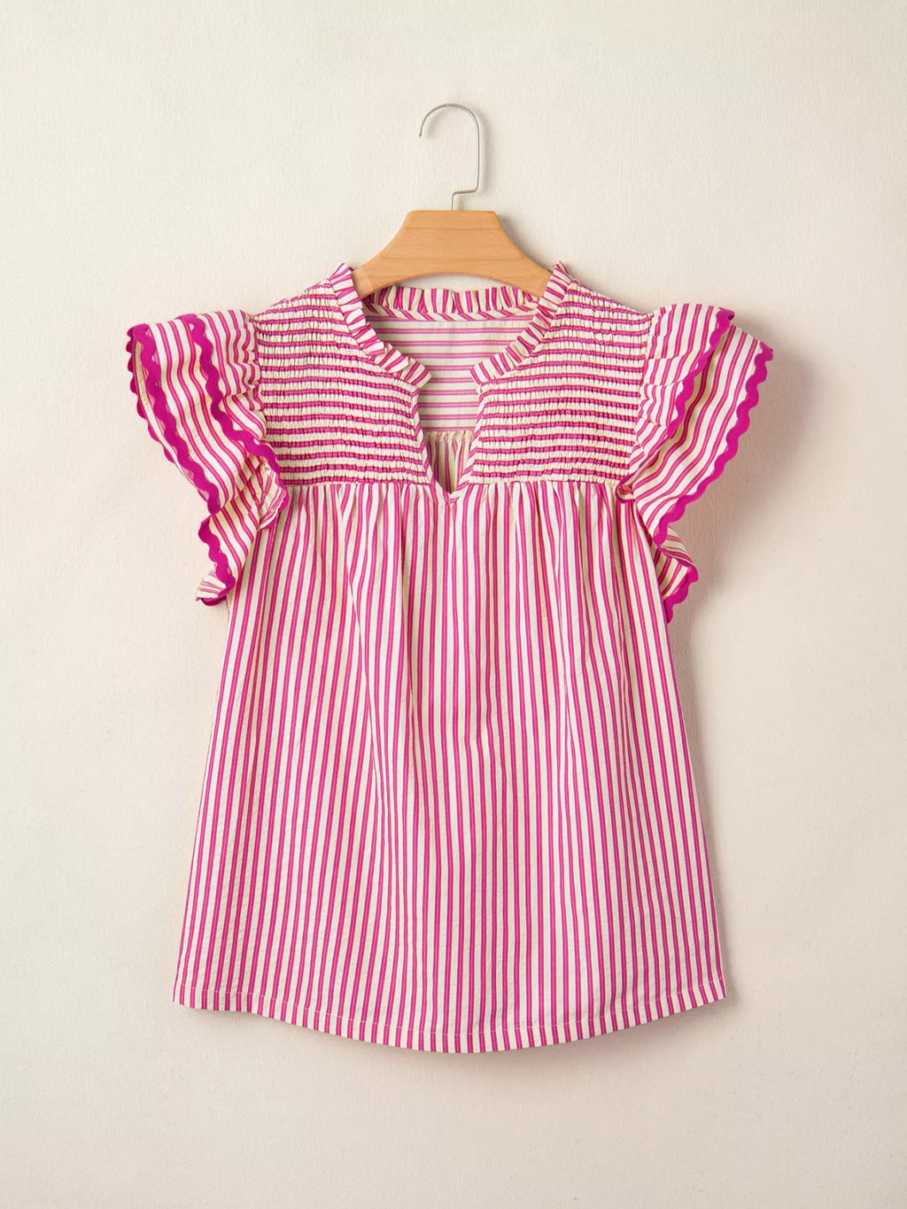 Striped Shirred Yoke Ruffle Sleeve Blouse in Pink and White