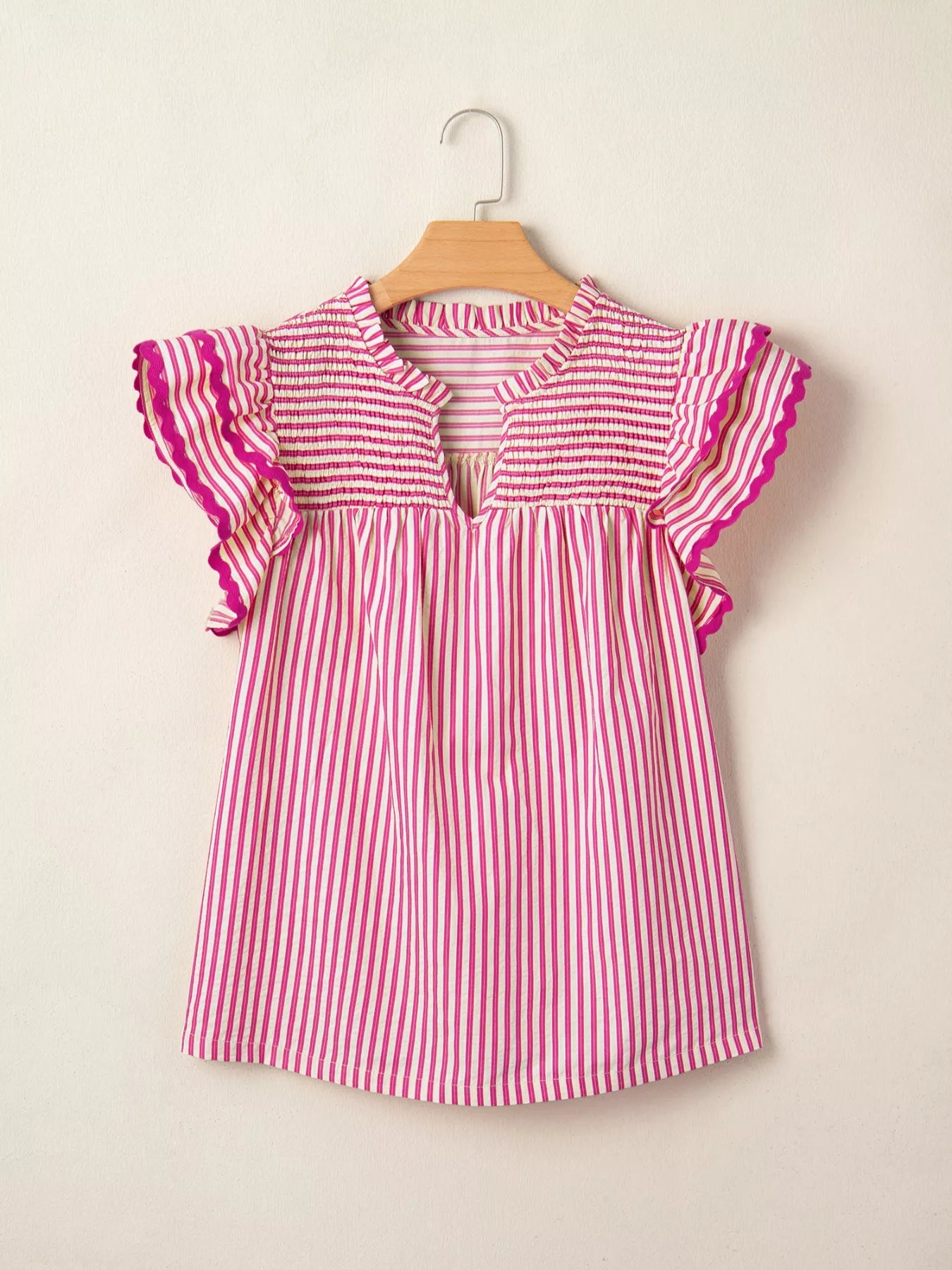 Striped Shirred Yoke Ruffle Sleeve Blouse in Pink and White