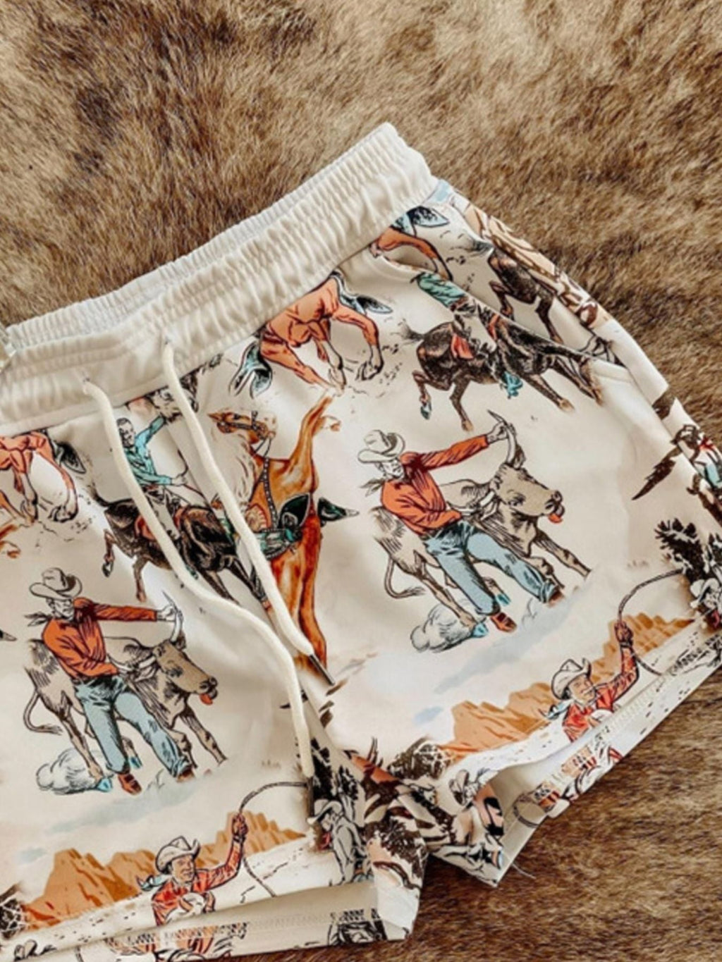 Wild West Rodeo Print Drawstring Shorts in Cream