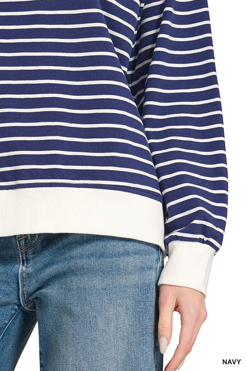 Zenana Contrast Striped Sweatshirt - Crew Neck