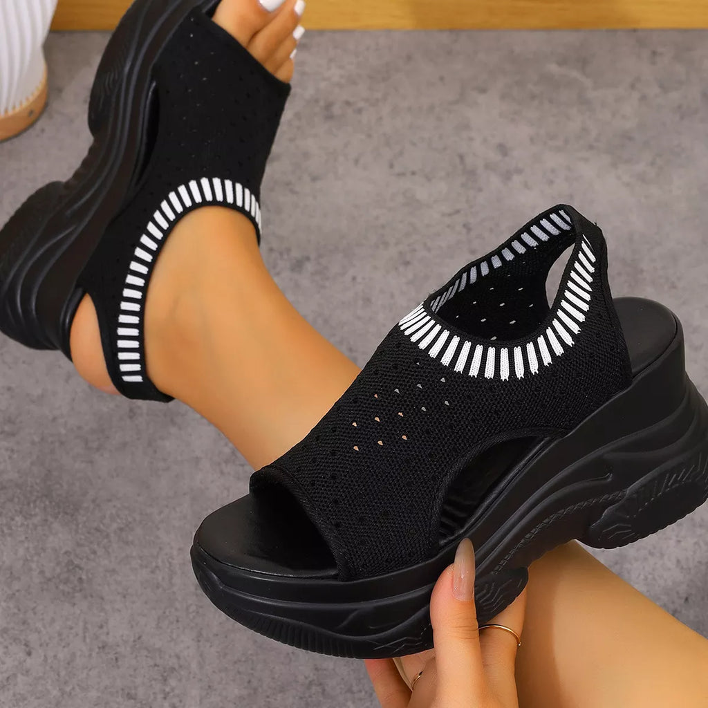 Women's Black Mesh Platform Wedge Sandals Comfortable Casual Mules