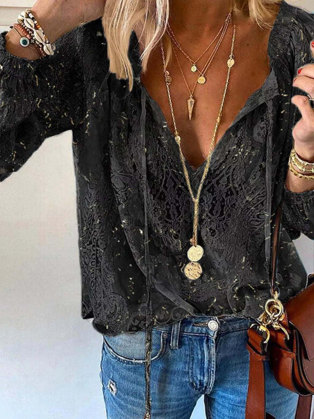 Women's Sheer Lace Tie-Neck Long Sleeve Blouse Casual Top