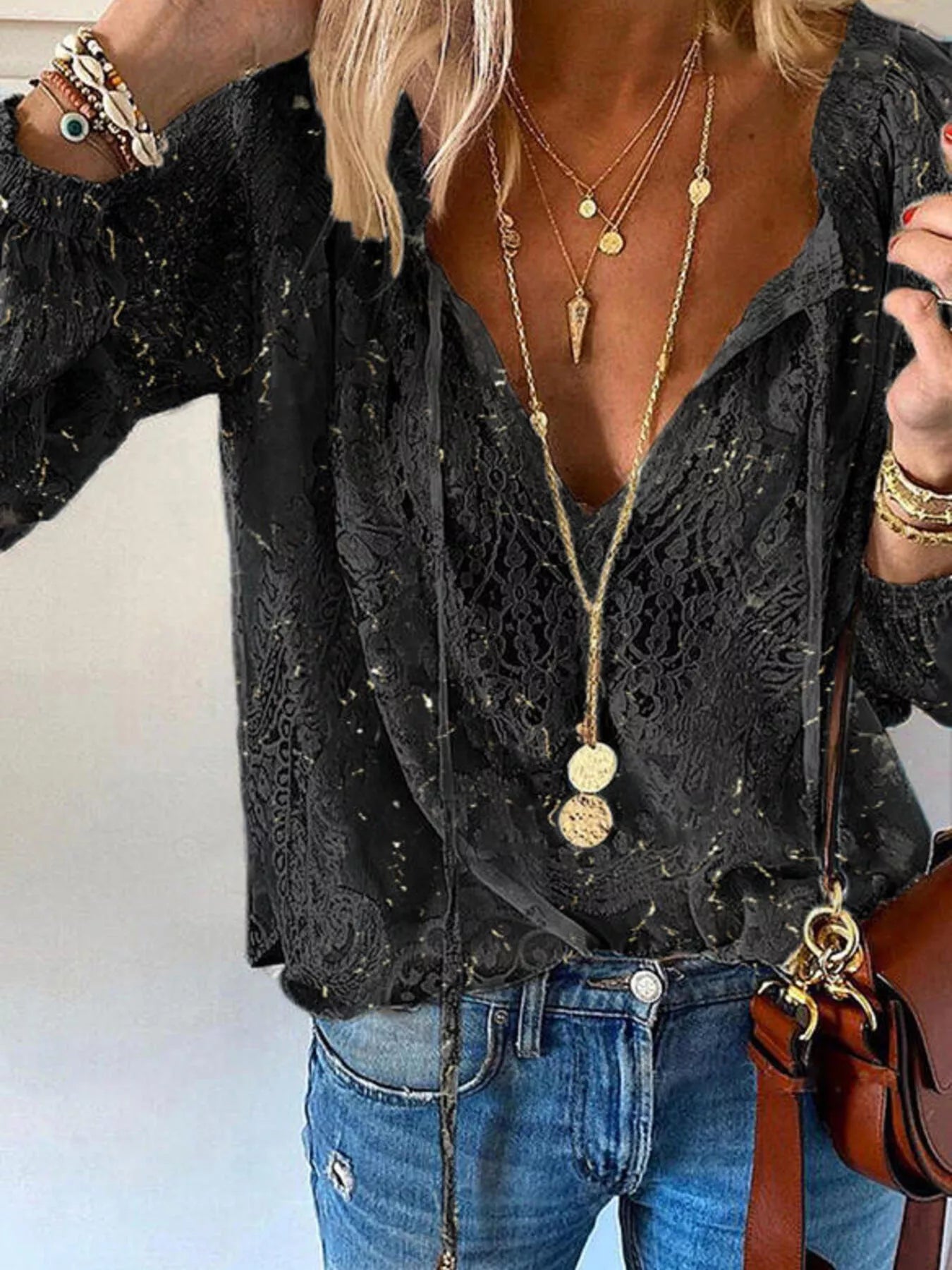 Women's Sheer Lace Tie-Neck Long Sleeve Blouse Casual Top