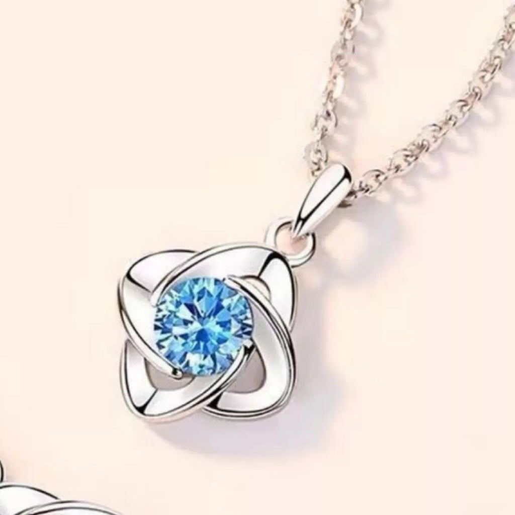 Four-Leaf Clover Pendant Necklace in Silver-Tone with Blue Stone