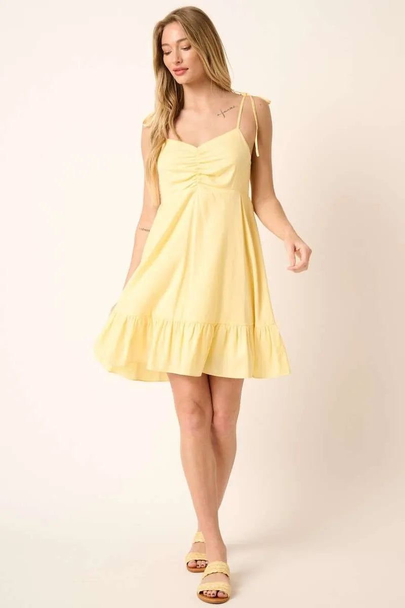 Yellow Cotton Ruched Spaghetti Tie Mini Dress Summer Casual