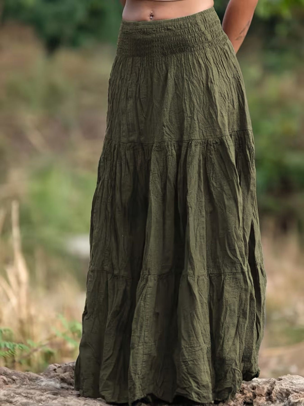 Women Ruched Tiered Maxi Skirt Bohemian Style Flowy Long Skirt
