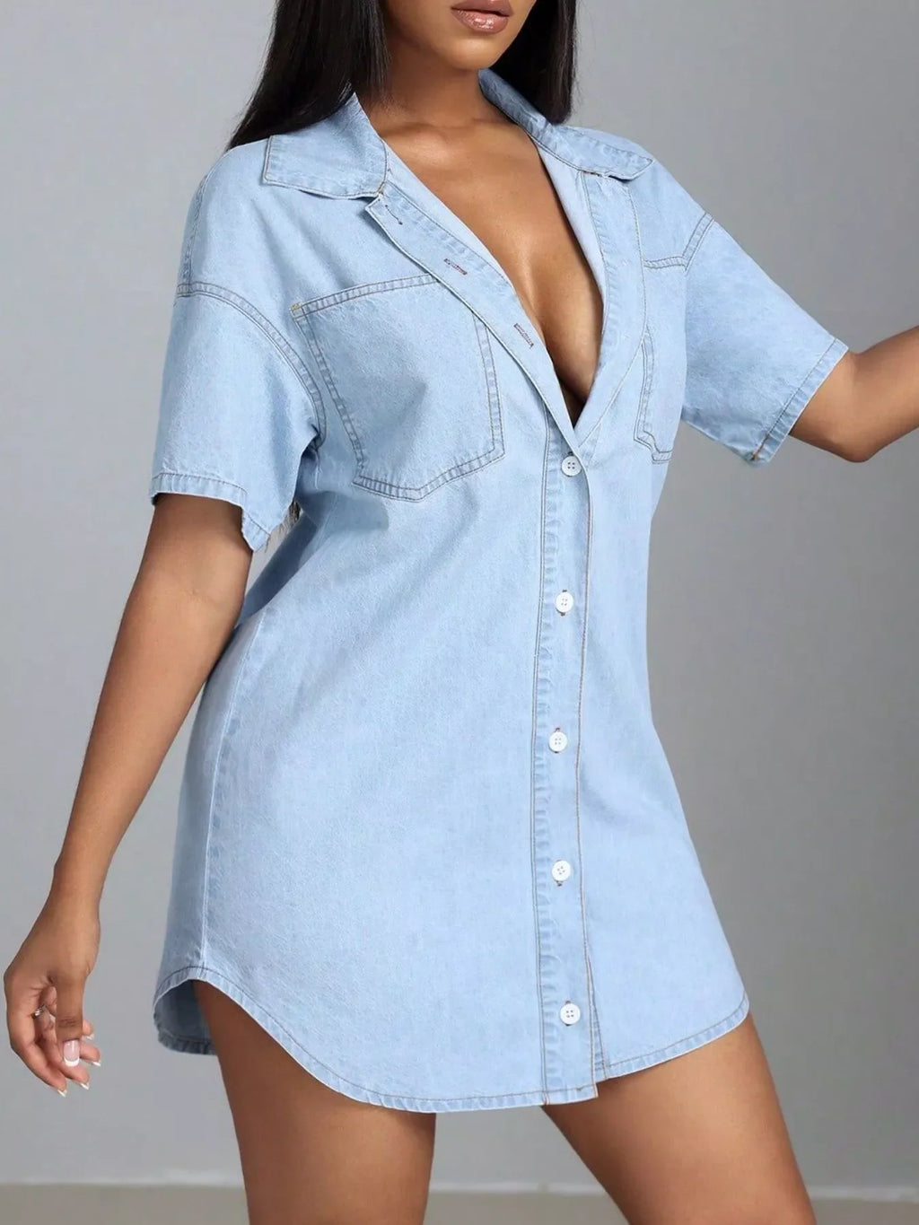 Light Wash Denim Button-Down Mini Shirt Dress with Pockets