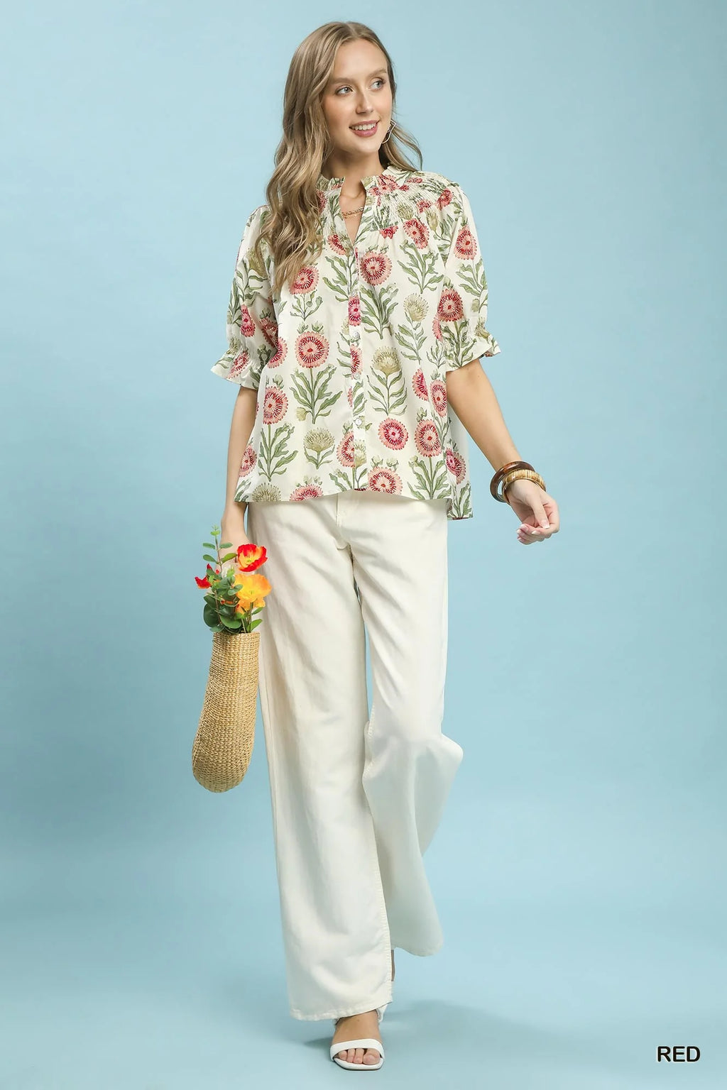 Women's Floral Button-Front Short Sleeve Top