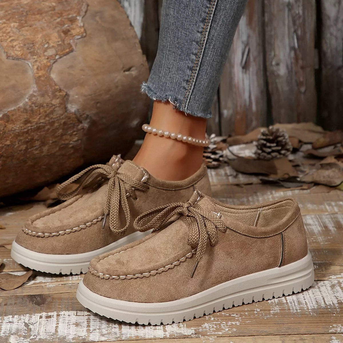 Women's Lace-Up Suede Round Toe Flats Comfortable Casual Shoes