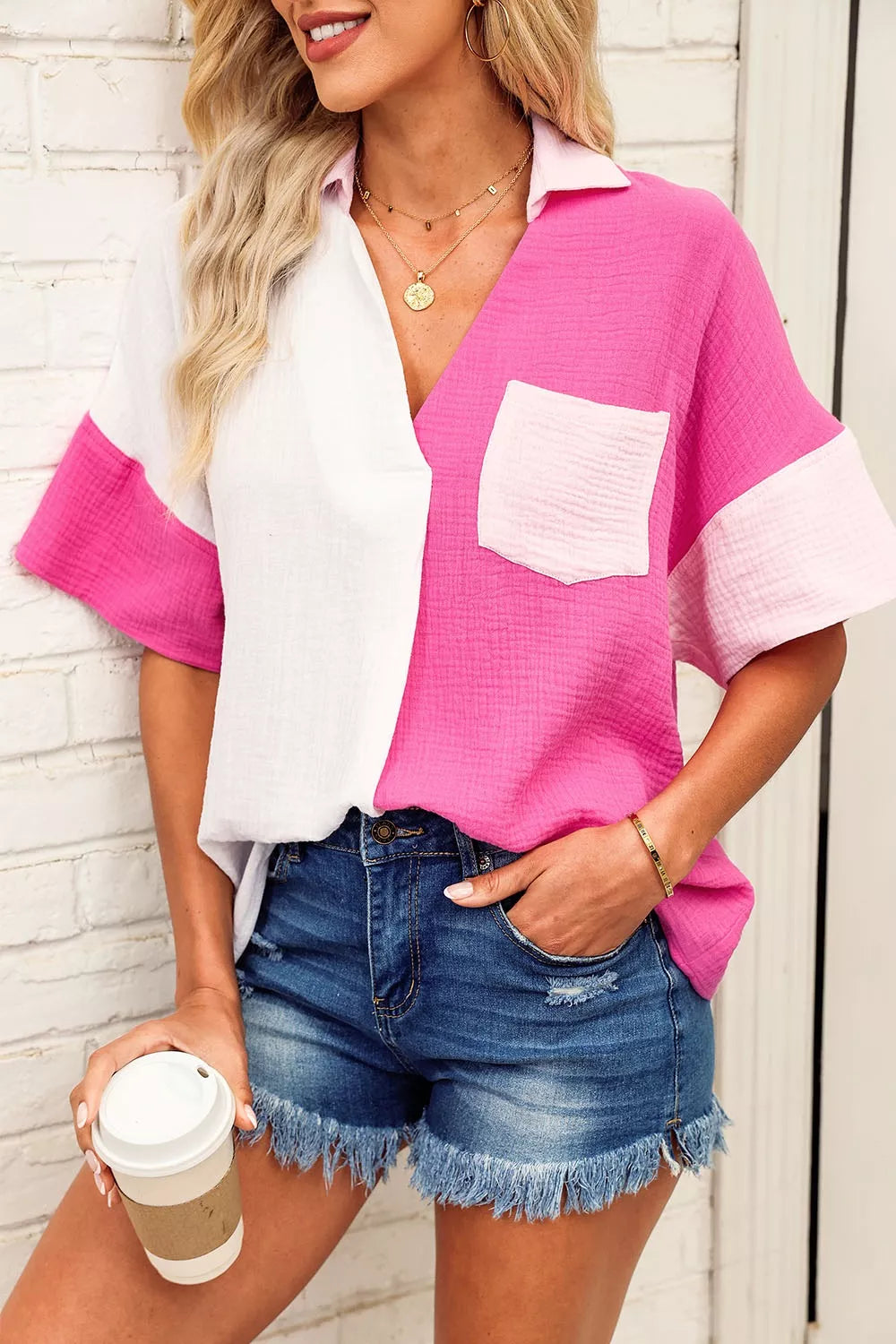 Color Block Casual Cotton Button Down Shirt in Pink and White