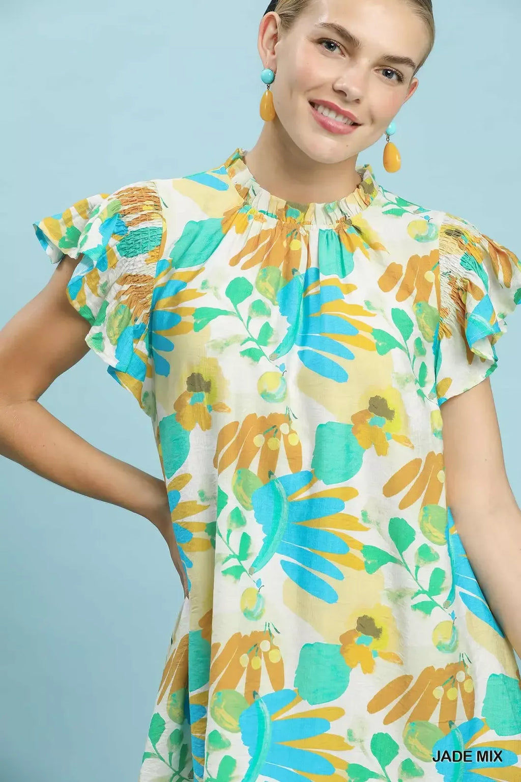 Jade Mix Ruffled Botanical Mini Dress with Flutter Sleeves