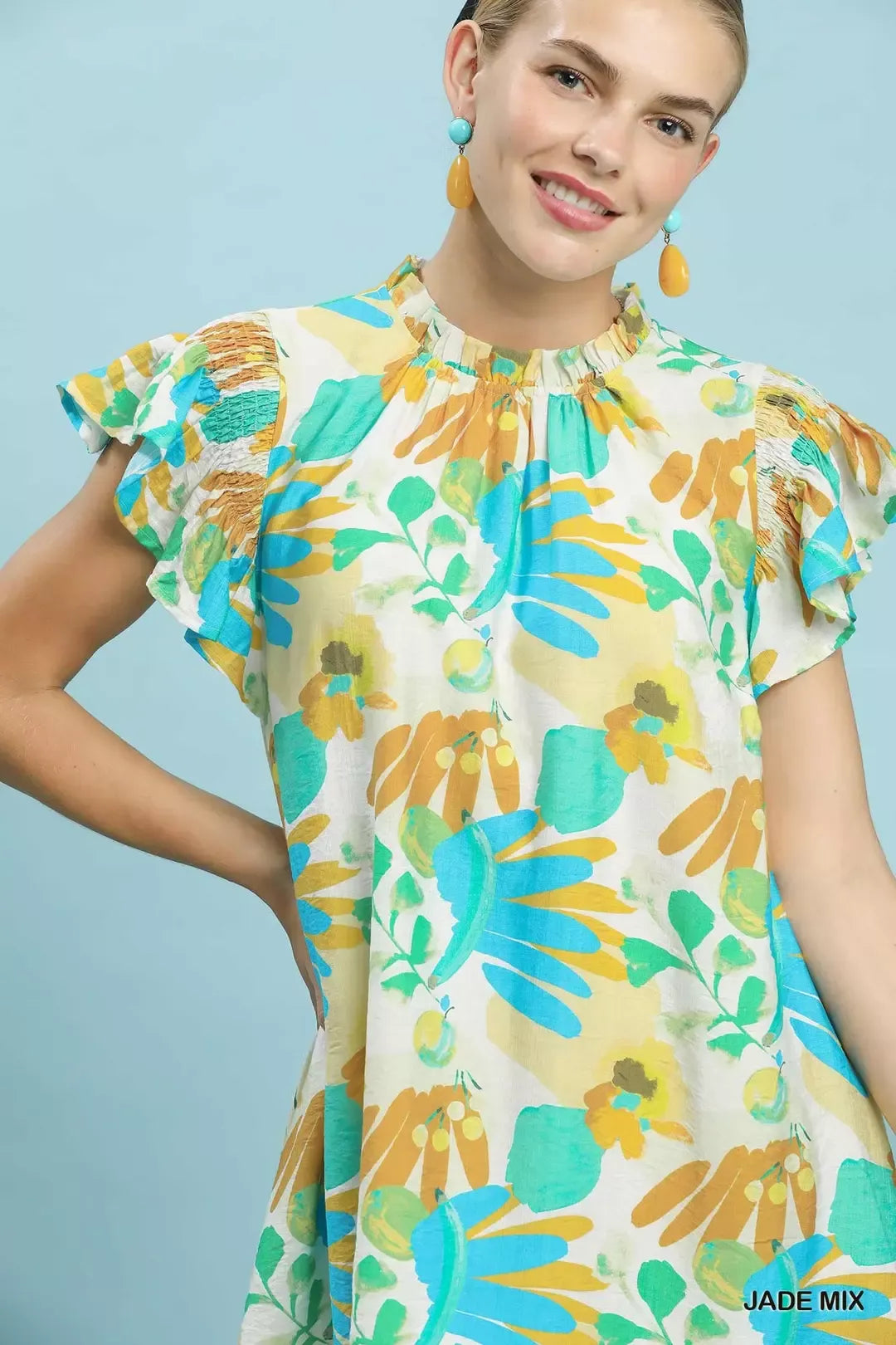 Jade Mix Ruffled Botanical Mini Dress with Flutter Sleeves