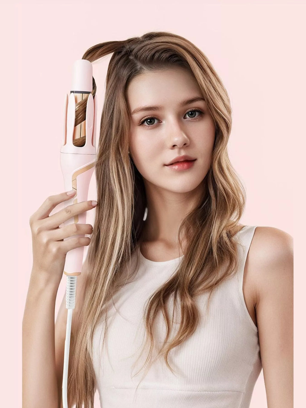 Automatic Rotating Ceramic Curling Iron for Soft Waves Pink