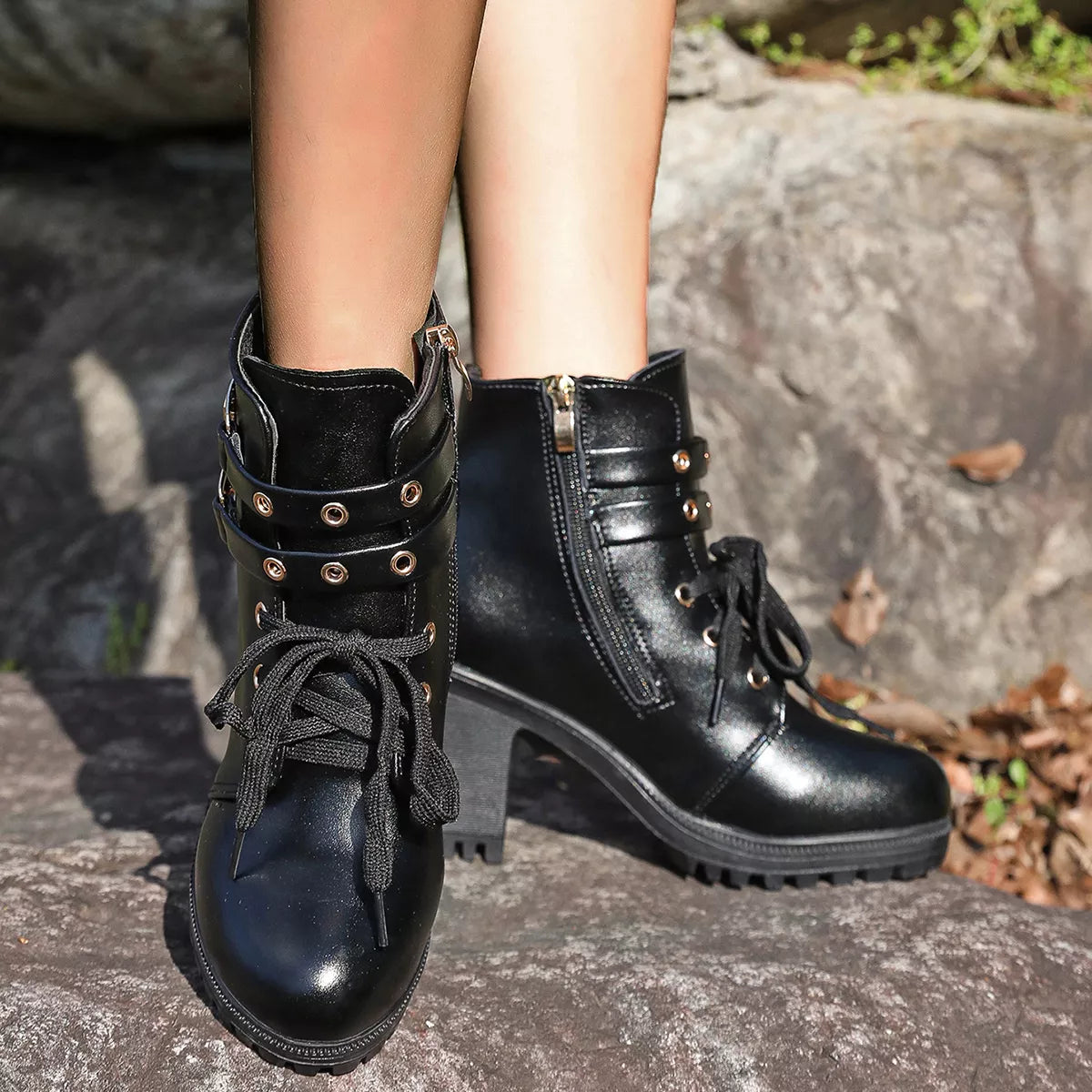 Women's Lace Up Block Heel Boots in Brown Faux Leather