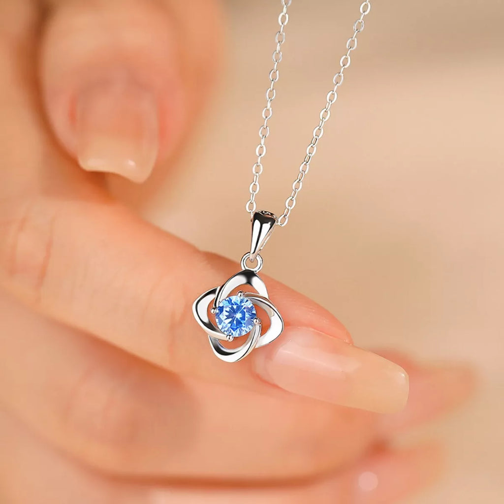Four-Leaf Clover Pendant Necklace in Silver-Tone with Blue Stone