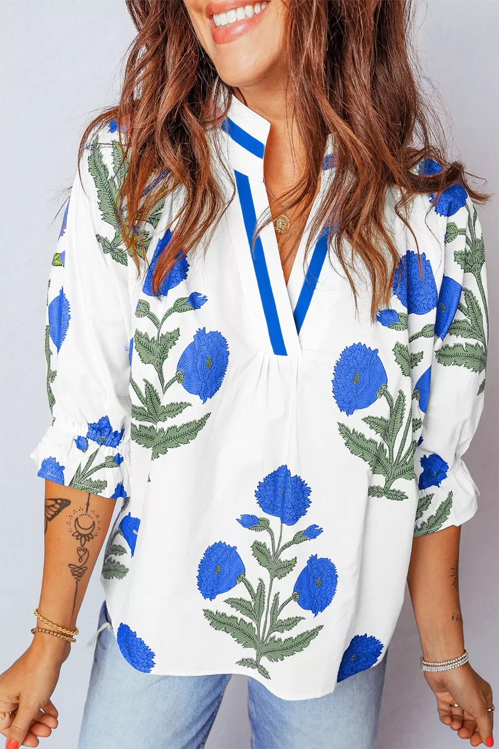 Floral Print Notched Ruffled Sleeve Blouse