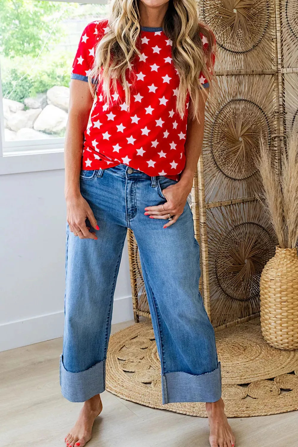 Red Stars Print Crewneck T-Shirt with Contrast Trim