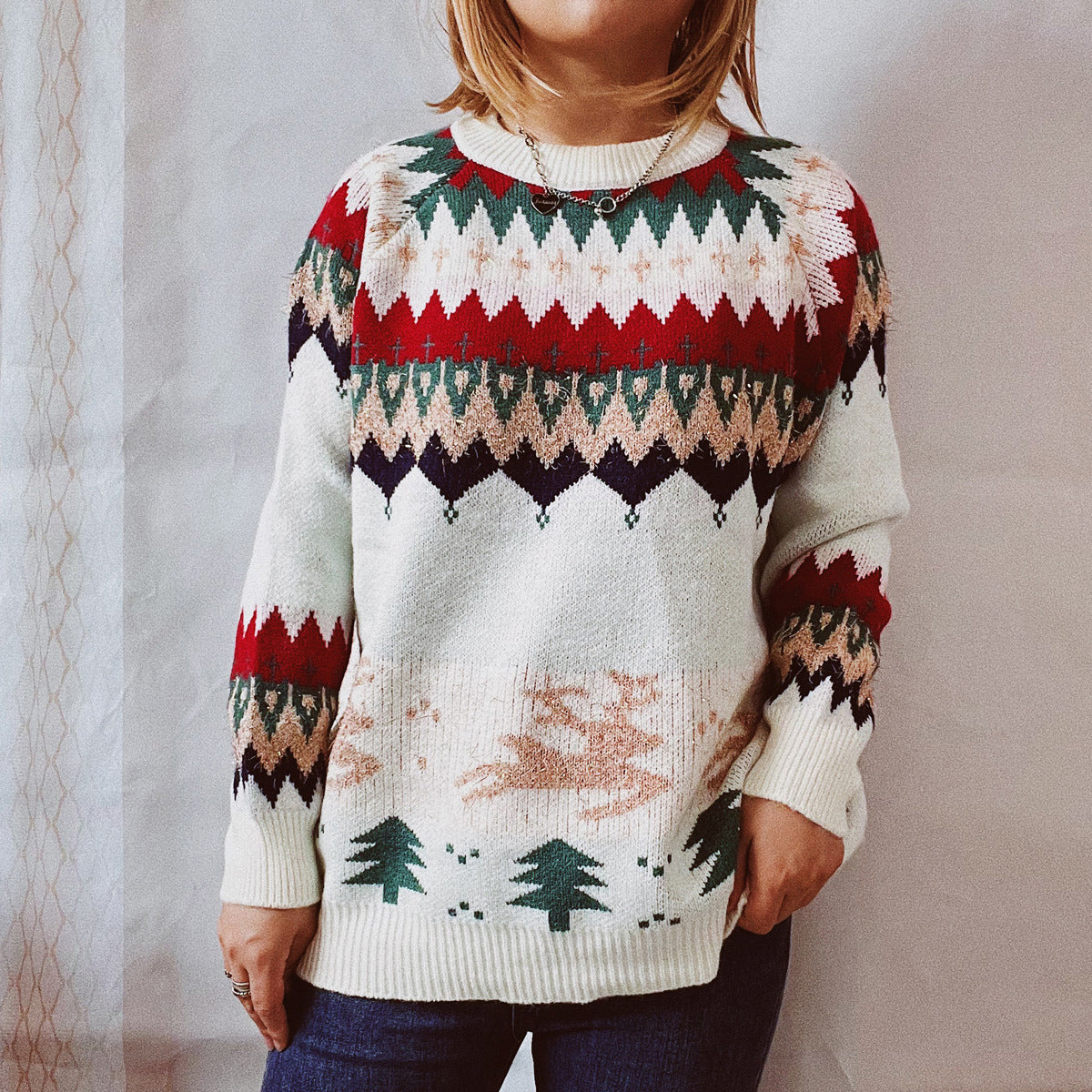 Women's Christmas Reindeer and Tree Pattern Long Sleeve Sweater