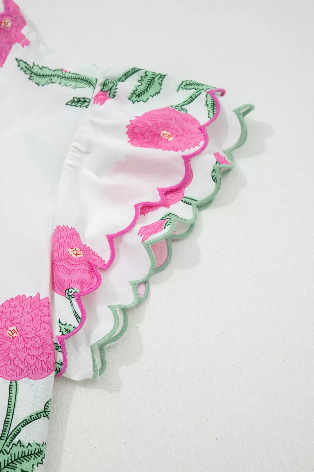 Floral Scallop Trim V Neck Blouse White Pink Green