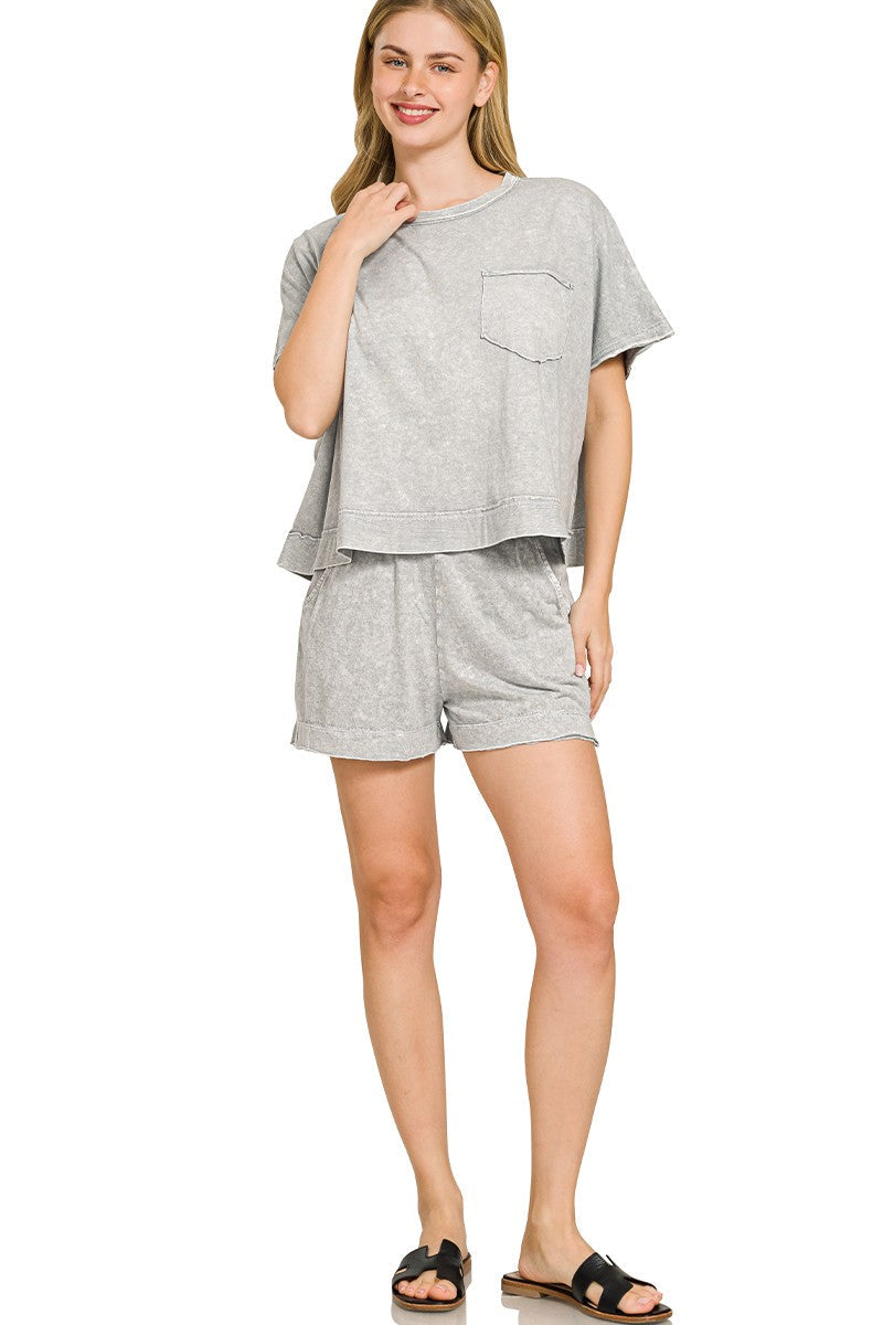 Light Grey Snow Washed Boxy Top and Shorts Lounge Set