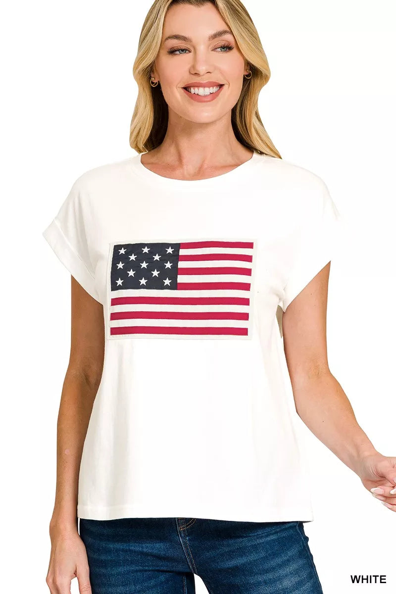 White USA Flag Print Round Neck Short Sleeve Patriotic T-Shirt