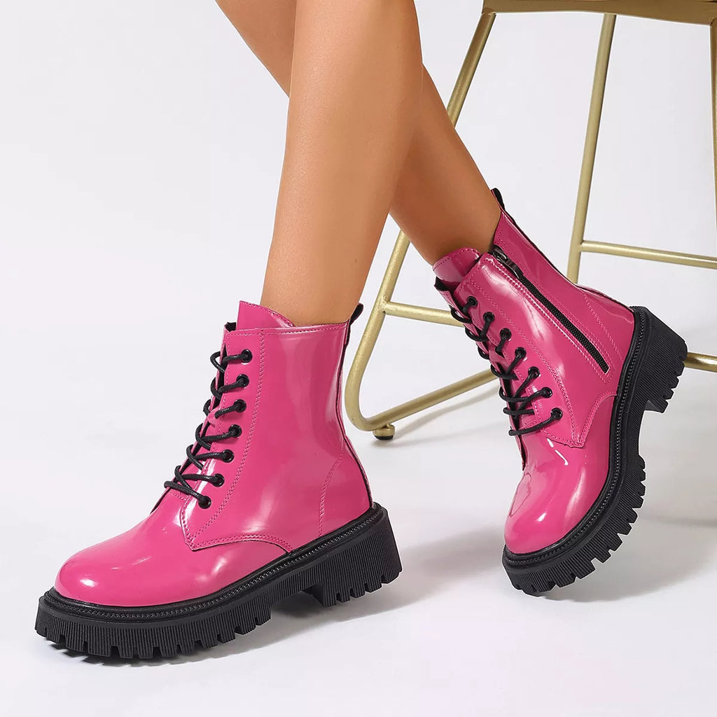 Women's Lace-Up Platform Combat Boots in Fuchsia or Green