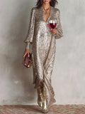 Gold Sequin Notched Lantern Sleeve Maxi Dress for Parties