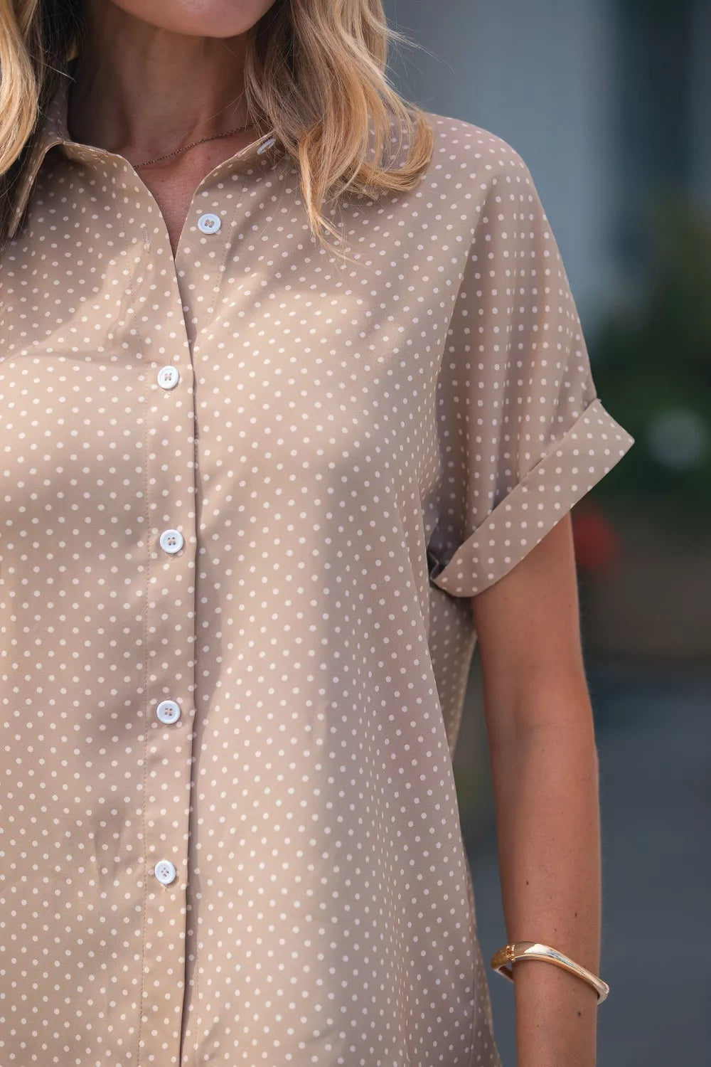 Women's Tan Polka Dot Button Down Short Sleeve Shirt