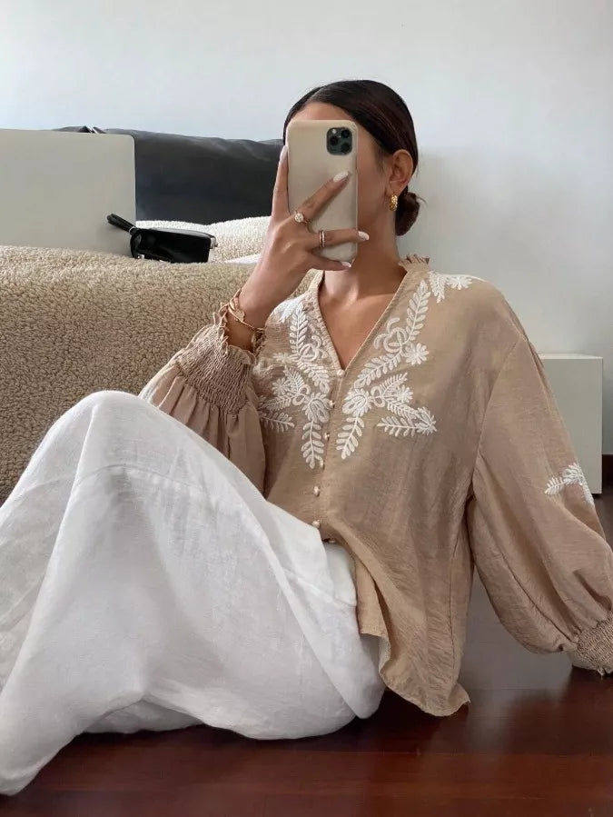 Women's Embroidered White Long Sleeve Notched Collar Blouse