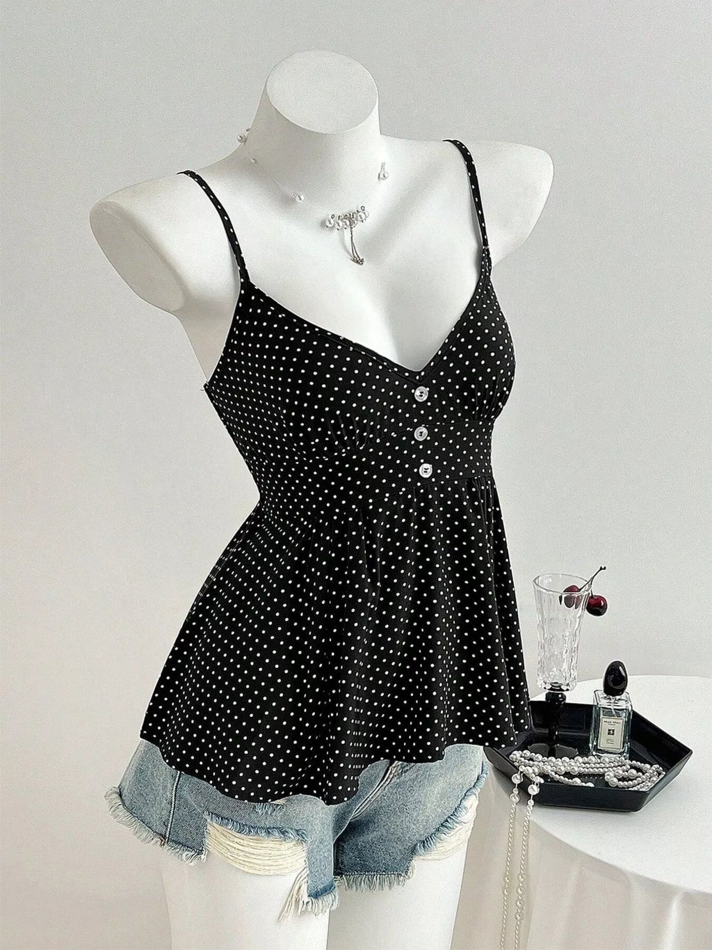 Black Polka Dot V-Neck Peplum Cami Tank Top