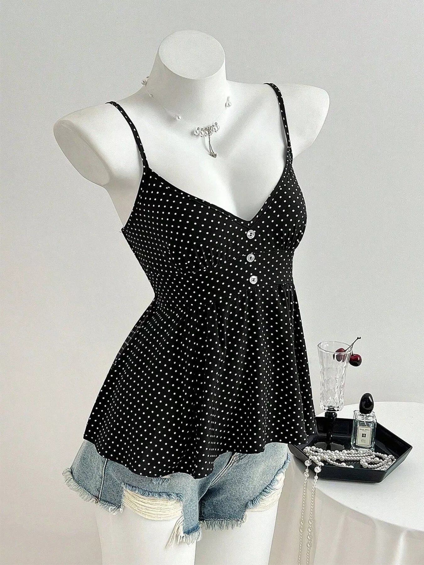 Black Polka Dot V-Neck Peplum Cami Tank Top