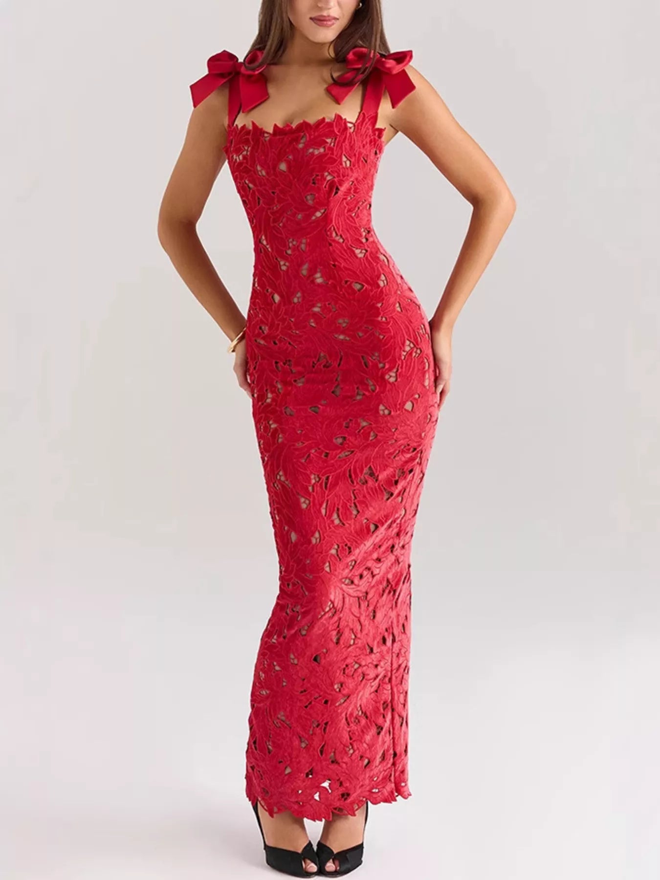 Black Lace Maxi Dress with Tie Shoulder Detail