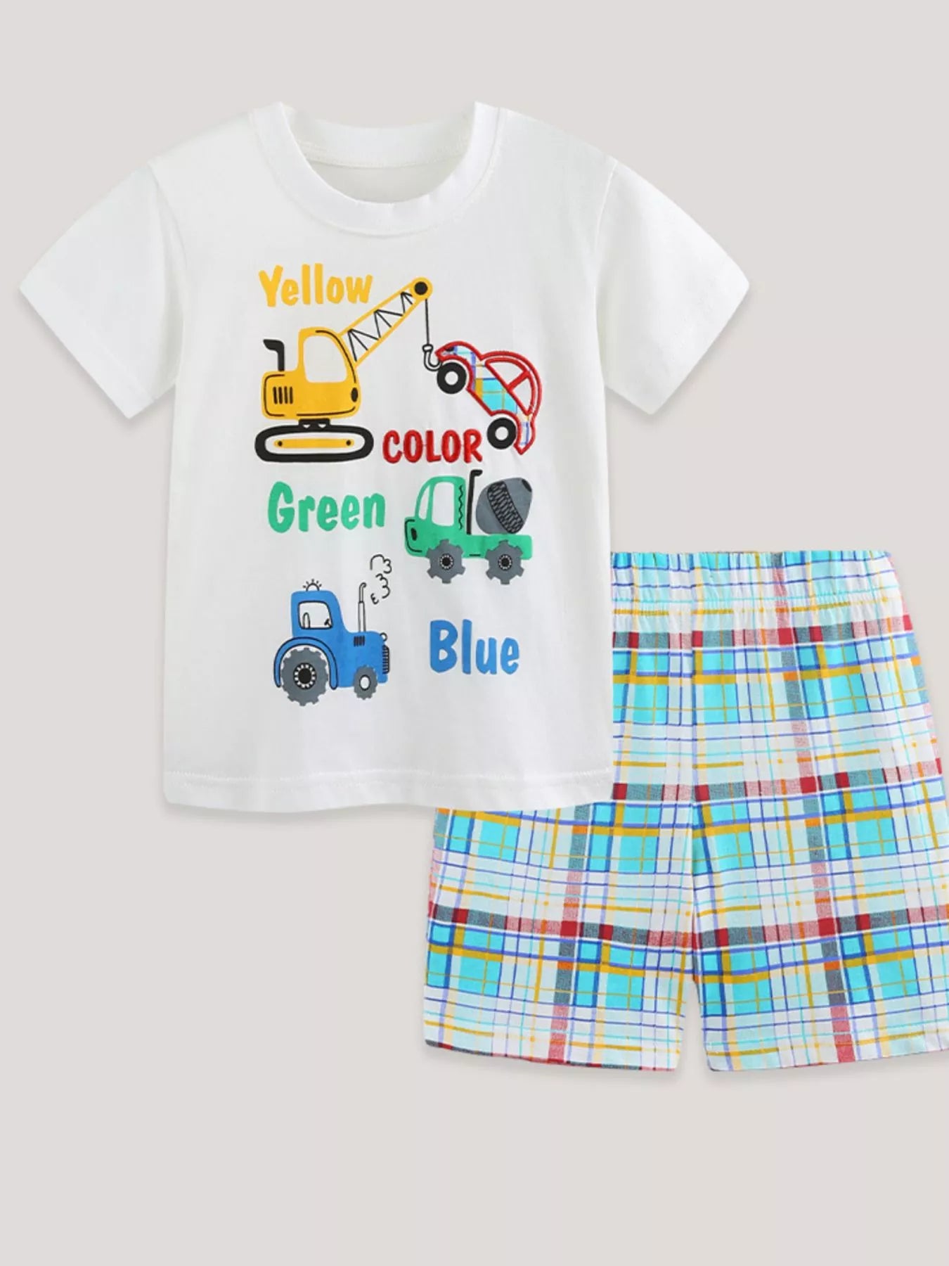 Boys Construction Vehicle Graphic T-Shirt and Plaid Shorts Set