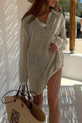 Collared Neck Openwork Crochet Knit Cover Up