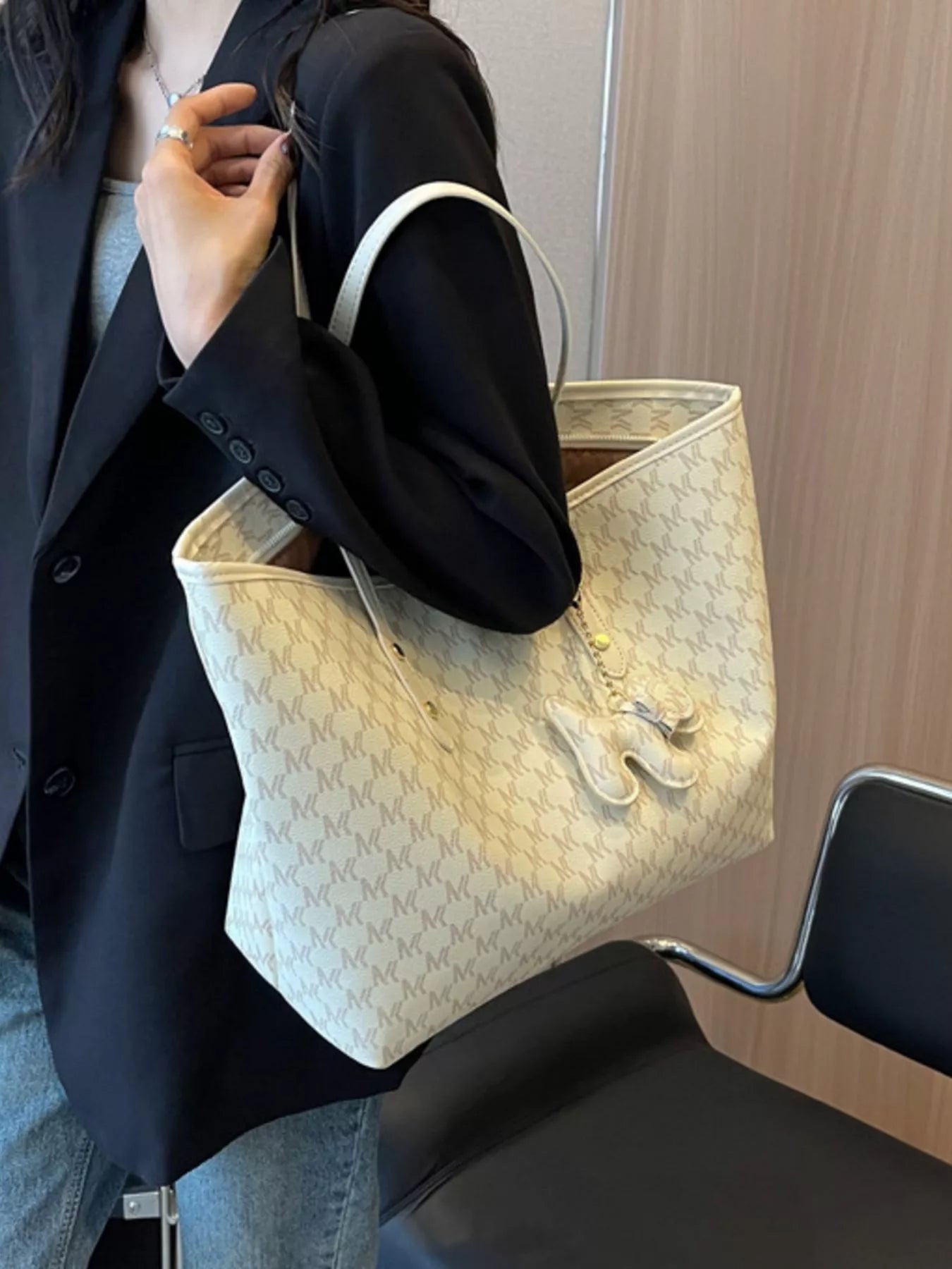 Beige Patterned Large Capacity Tote Bag PU Leather Shoulder Bag